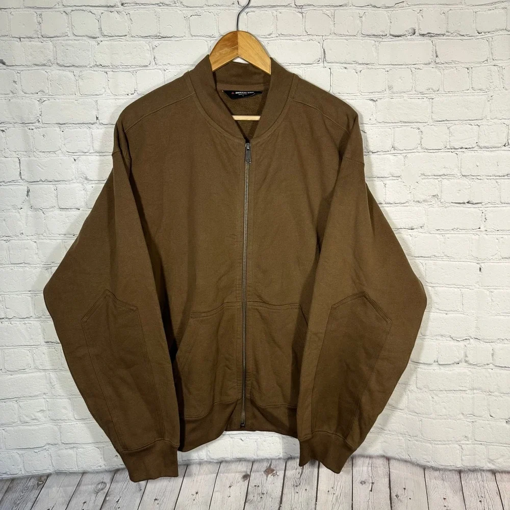 American Giant Mens Brown Cotton Fleece Full Zip Bomber Jacket Made in USA Large